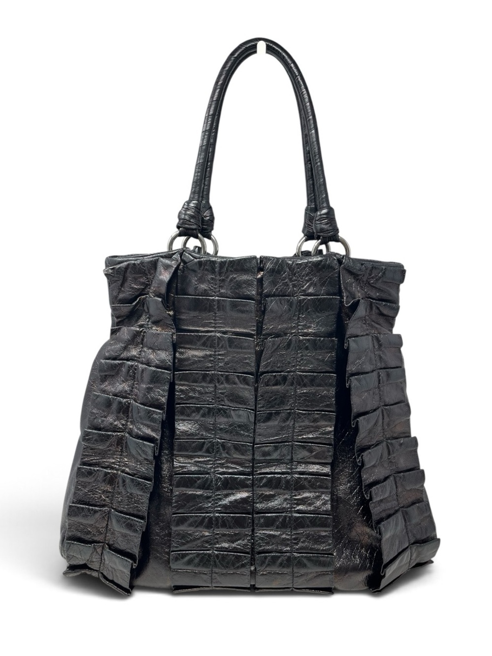 Vintage Vtg Miu Miu Black Pleated Ruffle Vitello Leather Logo Shoulder Tote Bag